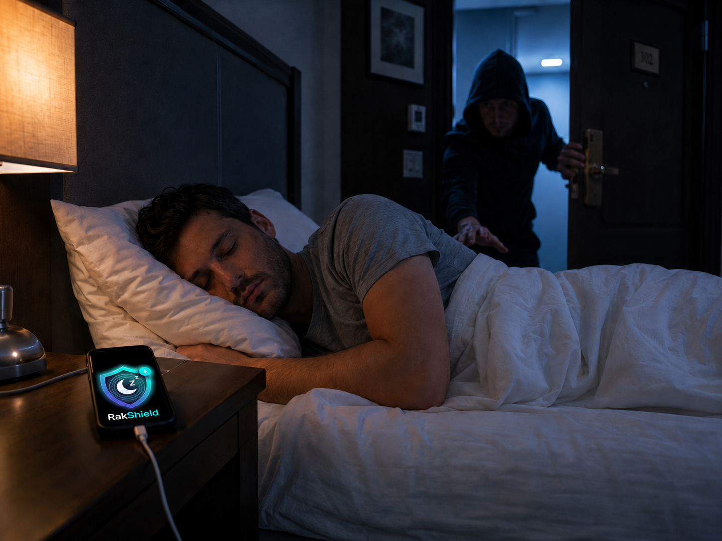 A sleeping traveler in a hotel room while an intruder reaches toward a charging phone