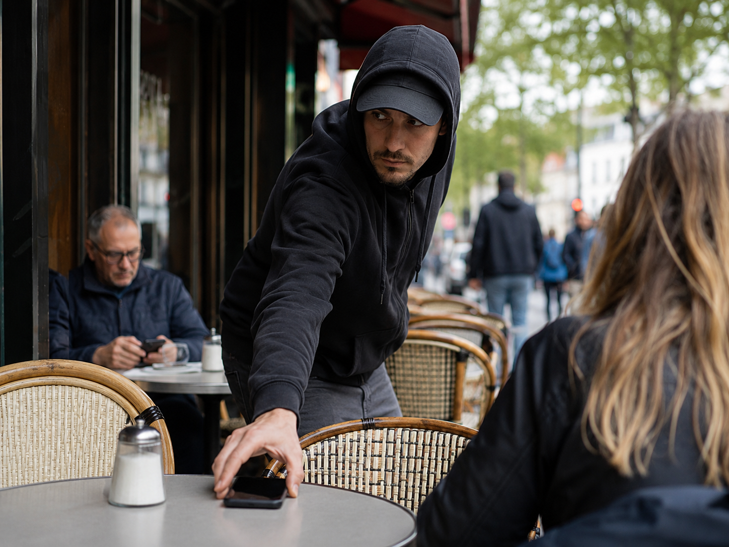 A stranger reaching for a phone left on a cafe table
